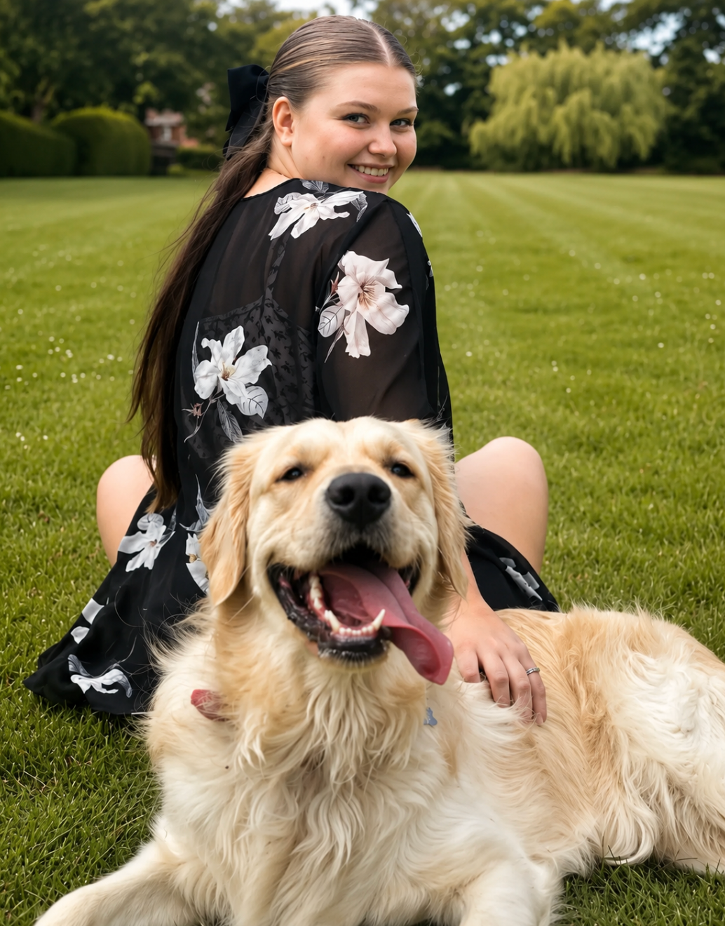 A girl smiling at the camera with her dog sat in a field