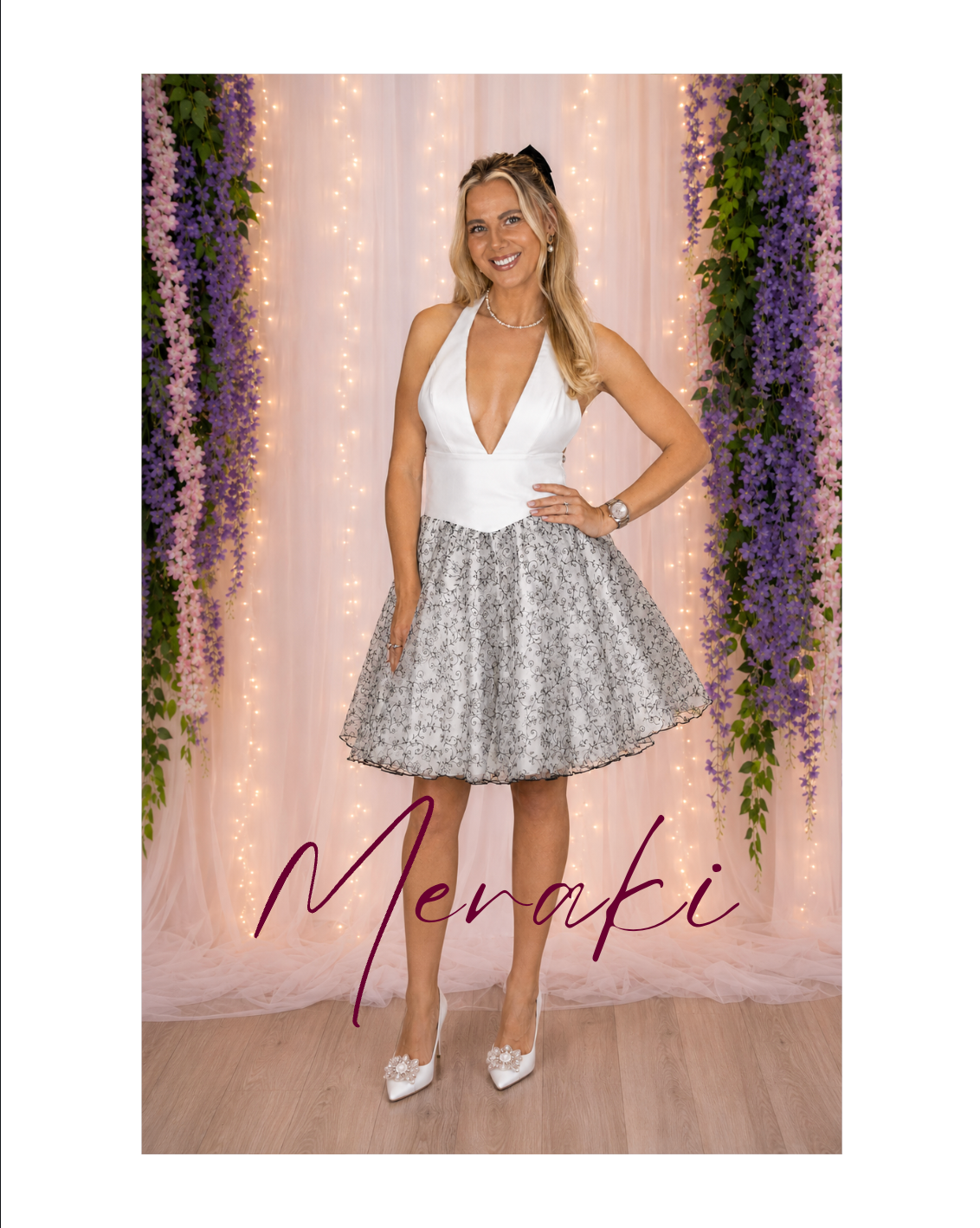 A lady posed in a mini wedding dress