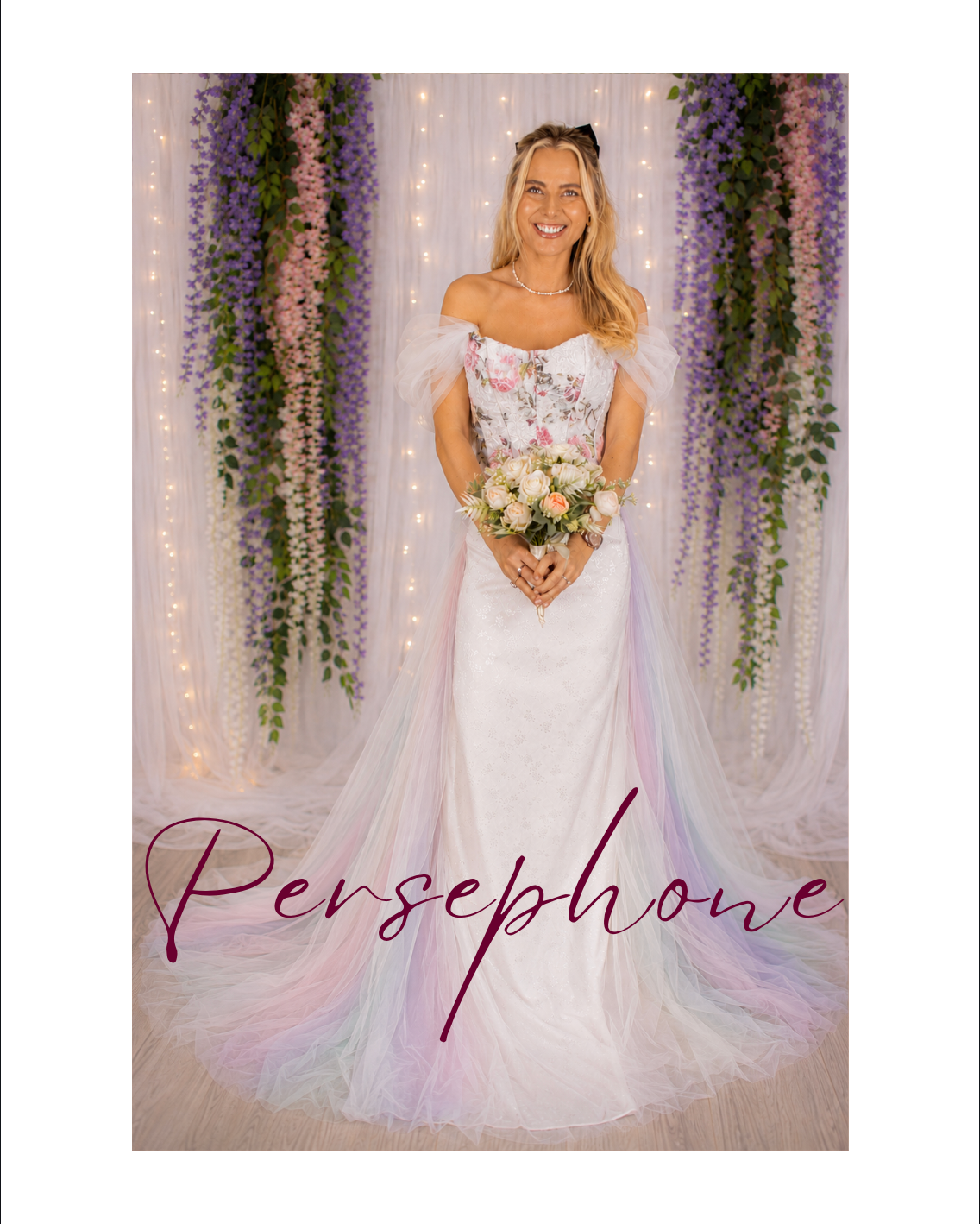 Woman in a white gown holding a bouquet before floral drapes, with “Persephone” written below.