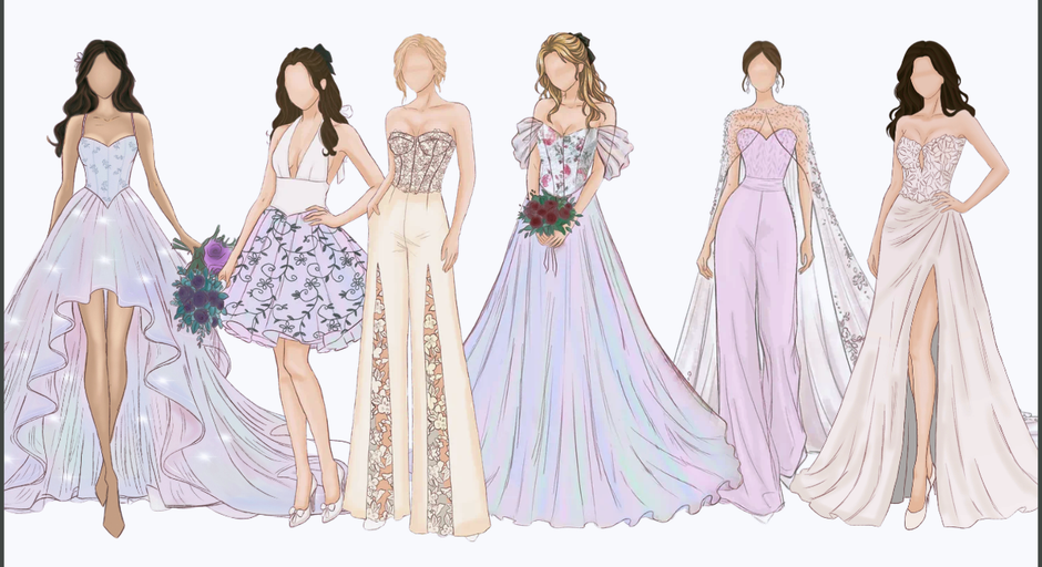 Six fashion sketches of women in pastel weddinggowns, including floral and tulle dresses, on a white background