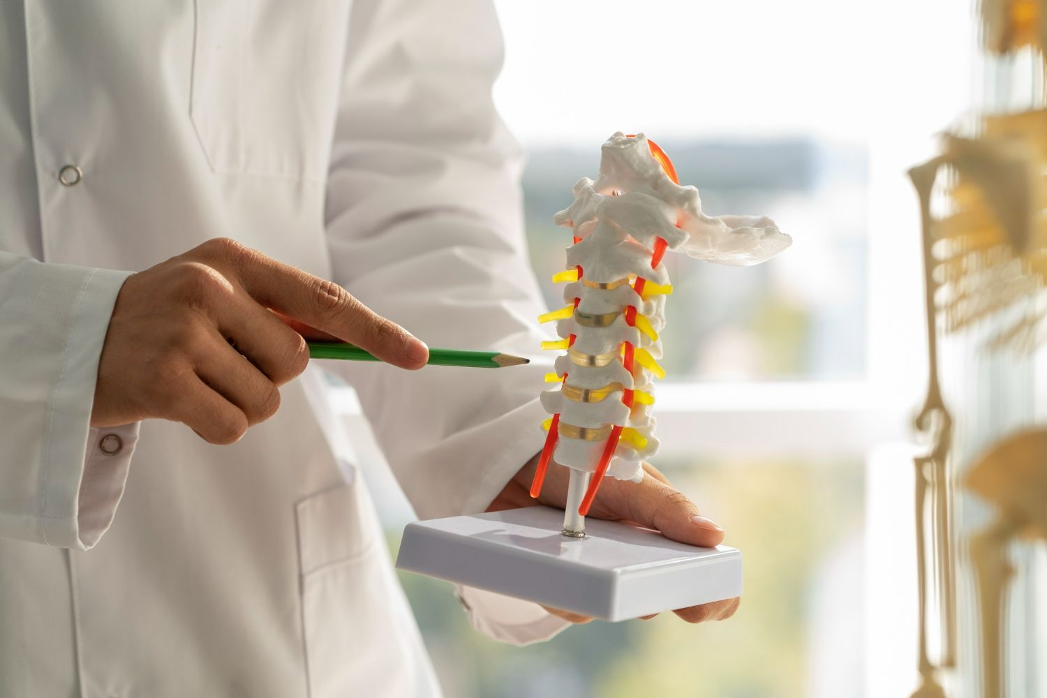 A doctor is pointing at a model of a spine with a pen.