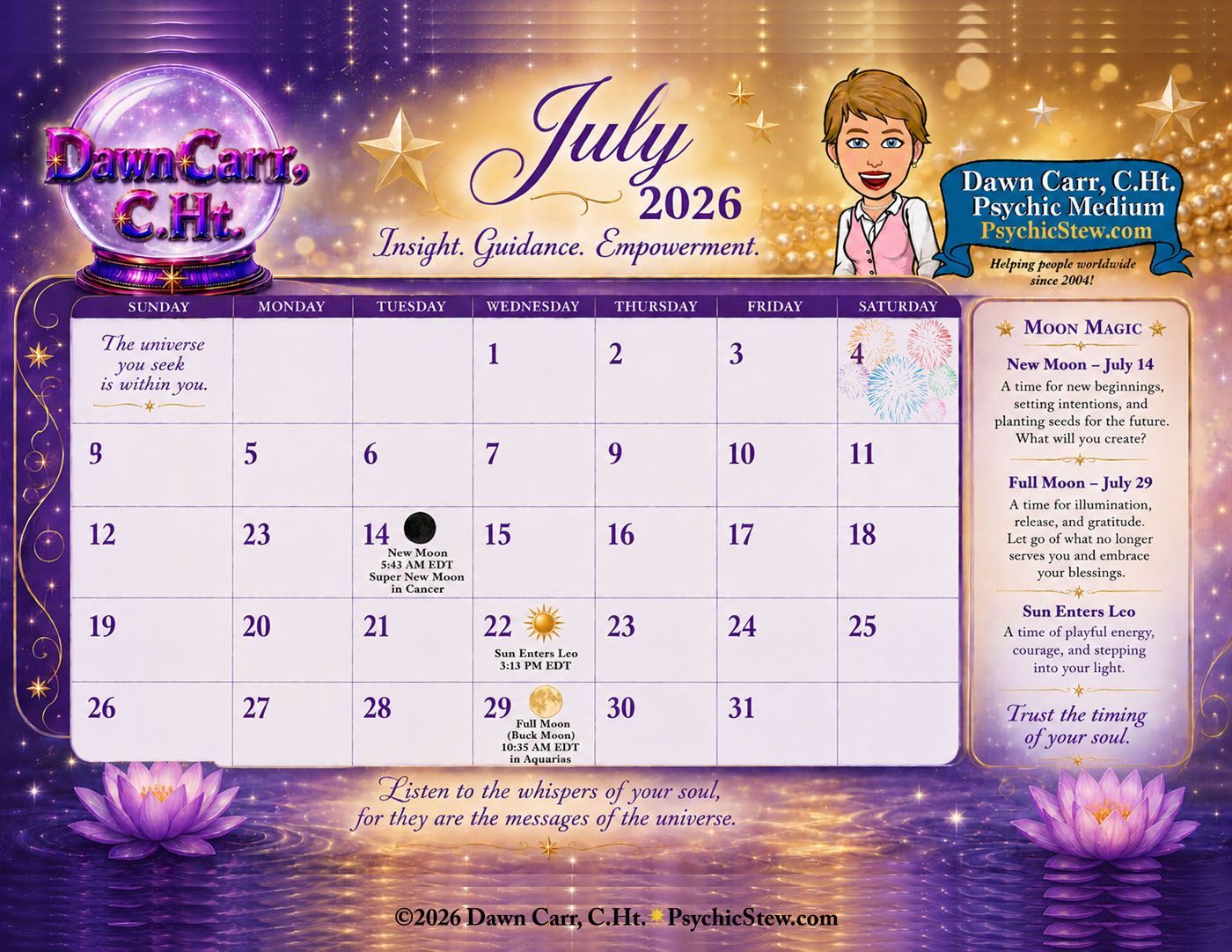 Complimentary Calendar for July, 2026 from Dawn Carr, C.Ht. and Psychic Stew.
