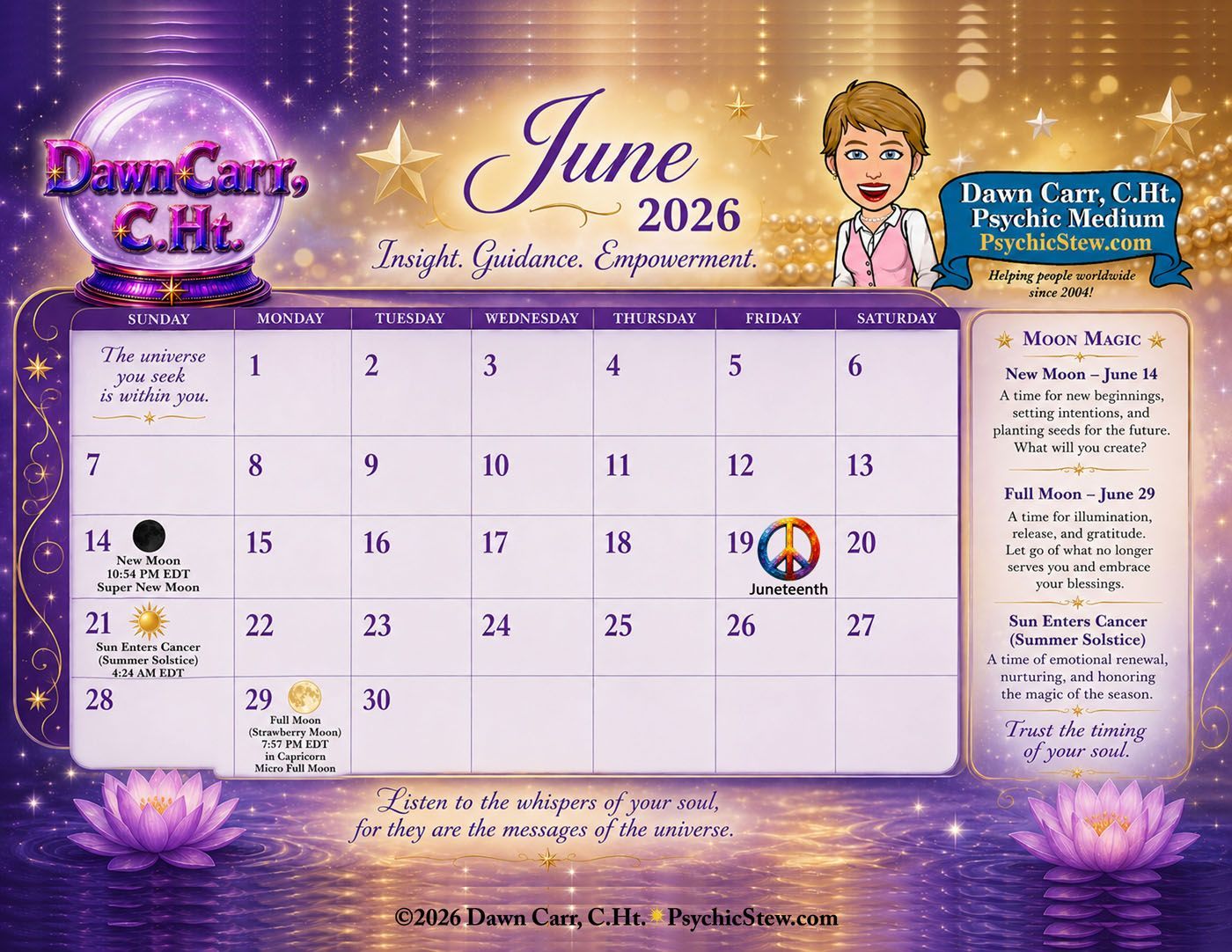 Complimentary Calendar for June, 2026 from Dawn Carr, C.Ht. and Psychic Stew.