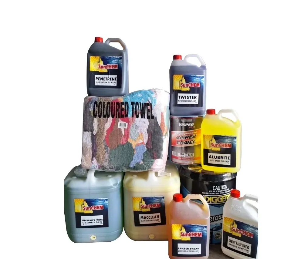 A pile of cleaning products and coloured towels — Sunchem Quality Cleaning Products In Gympie, QLD