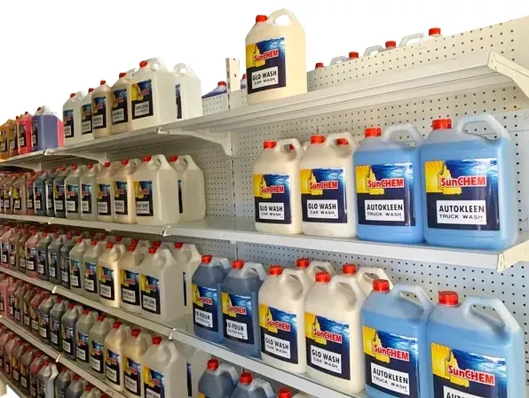 Shelves of blue and white cleaning products — Sunchem Quality Cleaning Products In Gympie, QLD