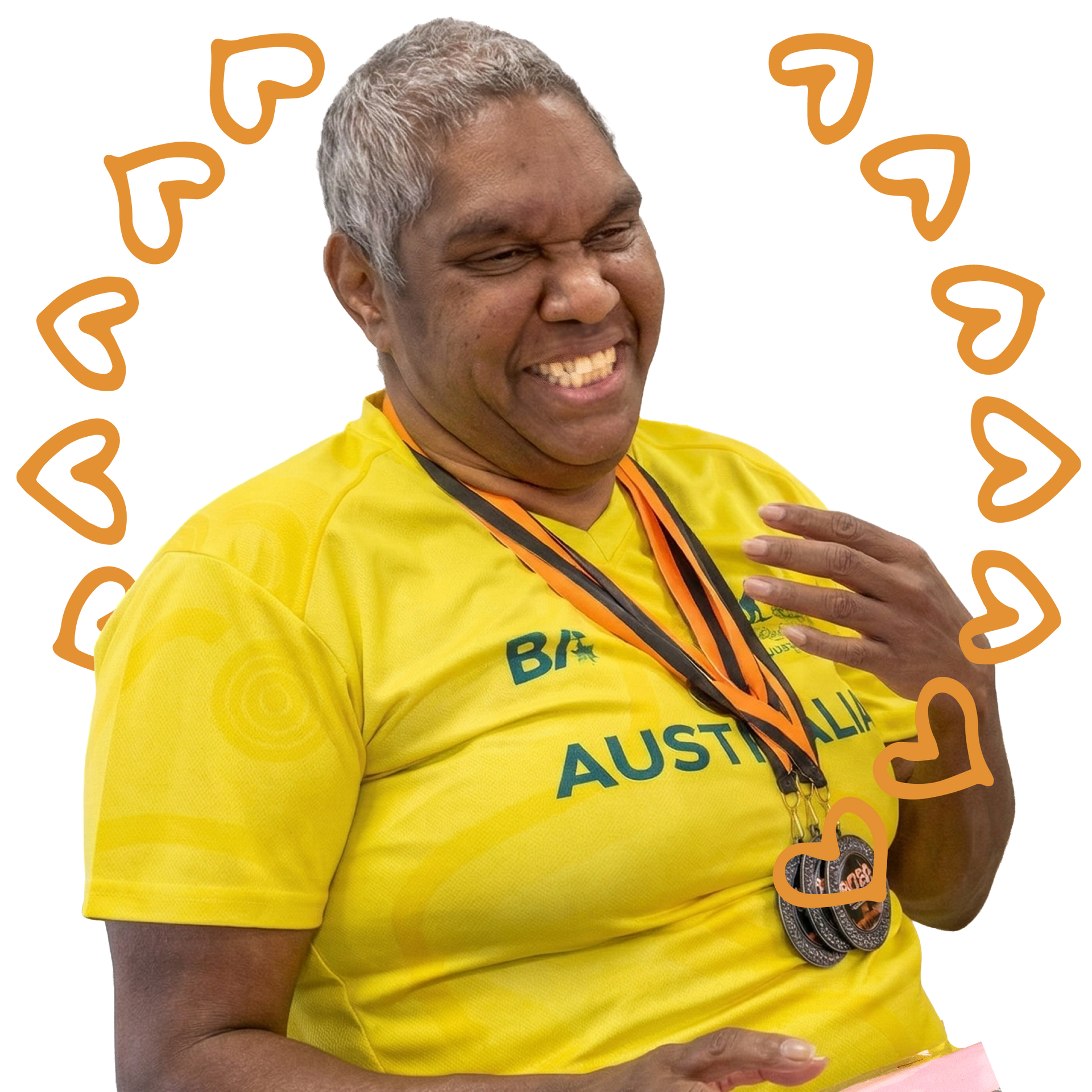 Smiling person wearing a yellow Australian sports shirt and a medal, surrounded by a ring of illustrated orange hearts.