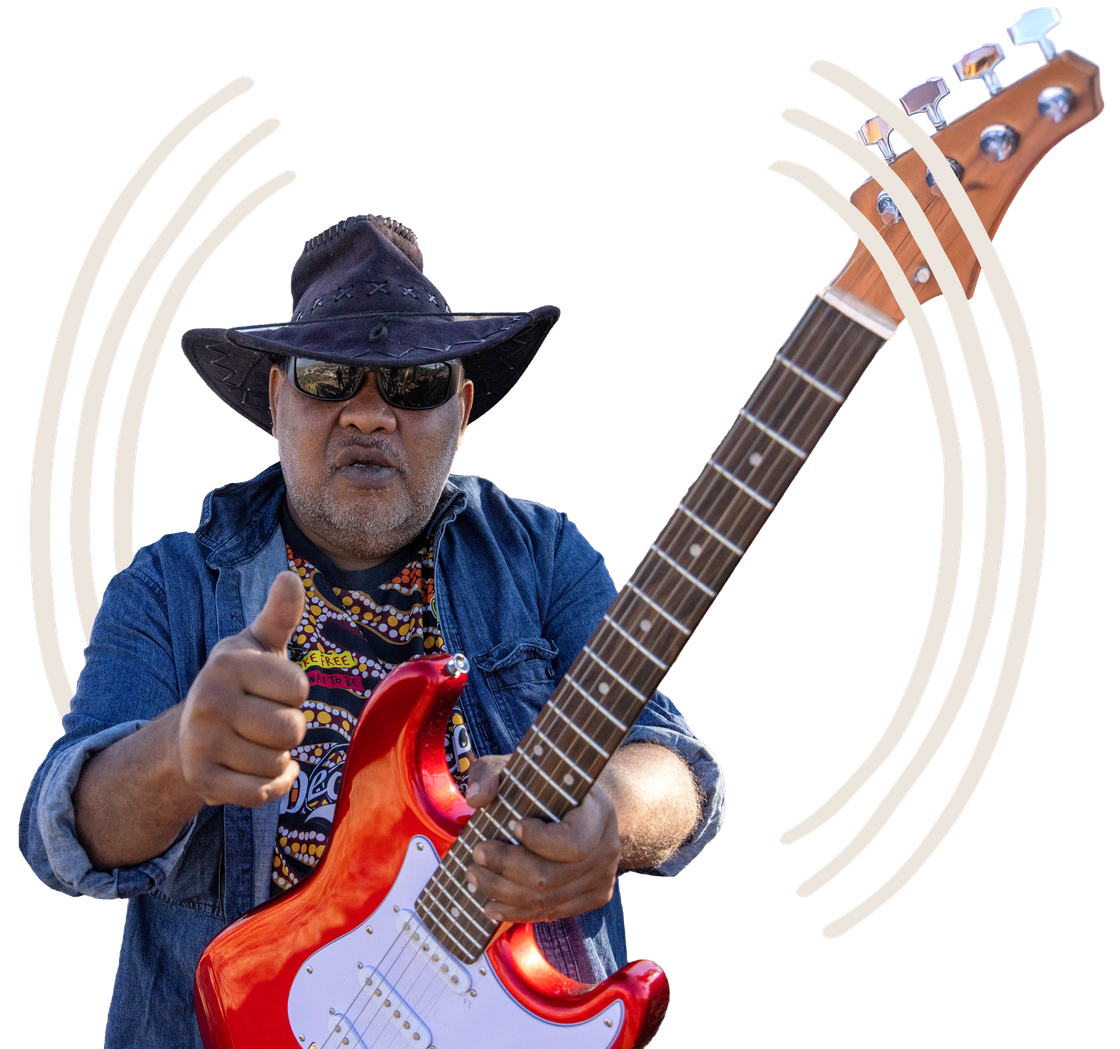 A musician in a hat and sunglasses holding a red electric guitar and giving a thumbs up, surrounded by sound wave lines.