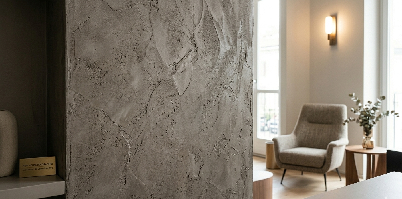 In primo piano, in un soggiorno moderno e minimalista, si erge una parete in cemento grigio con una poltrona beige.