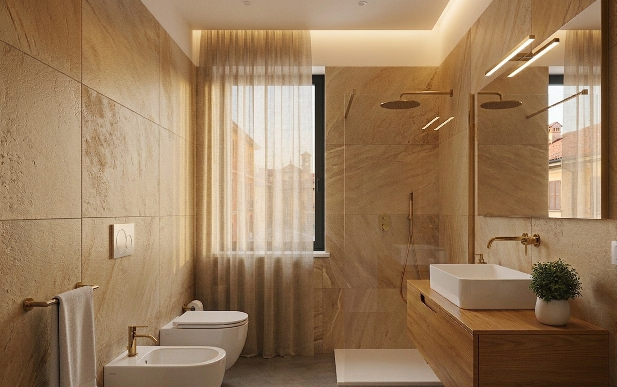 Bagno moderno con pareti effetto pietra, mobile lavabo sospeso in legno, cabina doccia, WC, bidet e tende trasparenti.