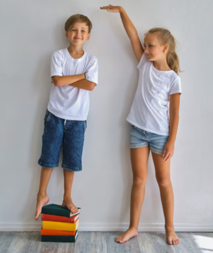 Una niña mide la altura de un niño. El niño está de pie sobre libros, sonriendo. Camisetas y pantalones cortos blanco.