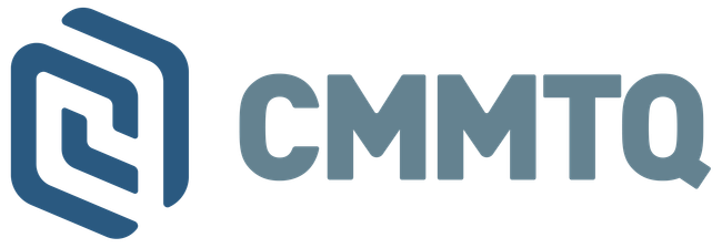Le logo cmmtq est bleu et blanc et ressemble à un hexagone.