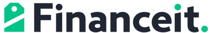 Logo Financeit : Symbole vert avec une ligne diagonale ; texte noir « Financeit ».