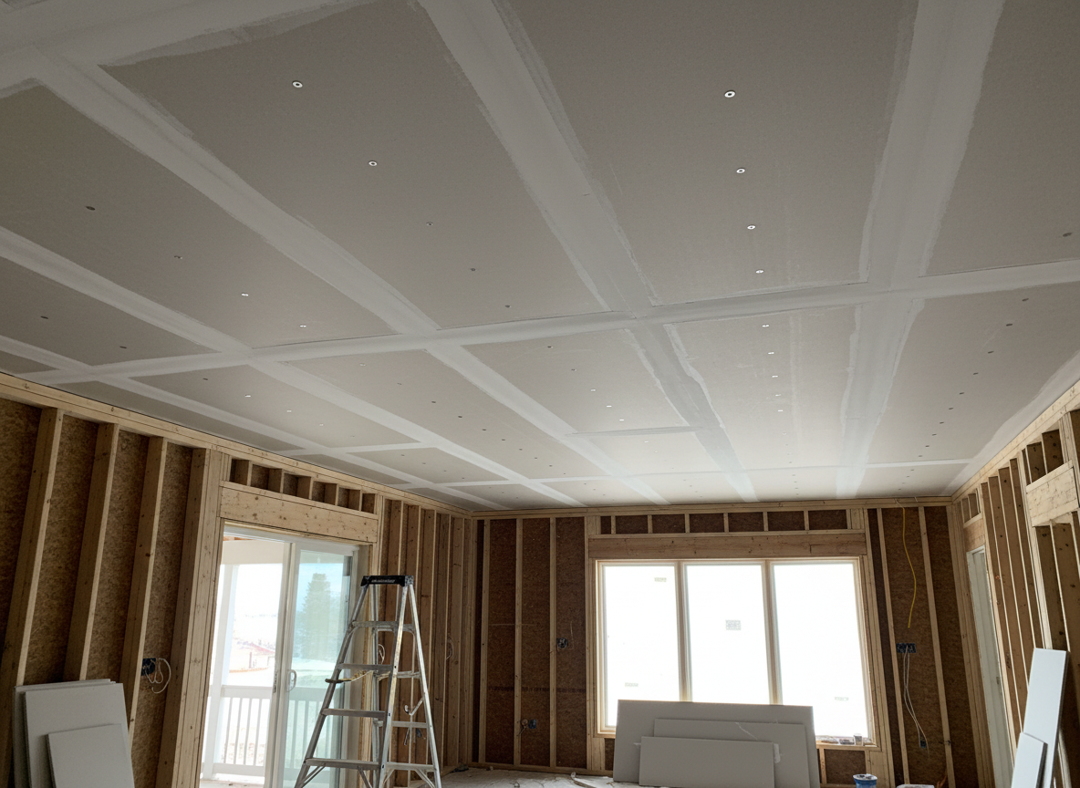 Intérieur d'une pièce en construction avec un plafond à caissons. Pose et finition des plaques de plâtre.