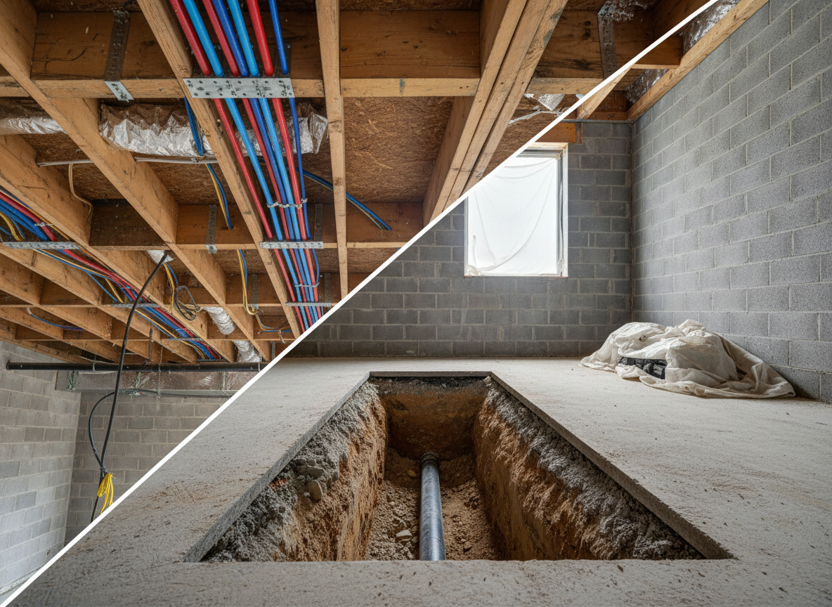 Chantier : tuyauterie apparente et plafond en béton brut au-dessus, tranchée et mur de parpaings en dessous.