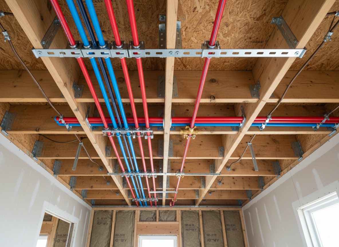 Des tuyaux, rouges et bleus, sont installés dans un plafond en bois. Ils sont soutenus par des supports métalliques.