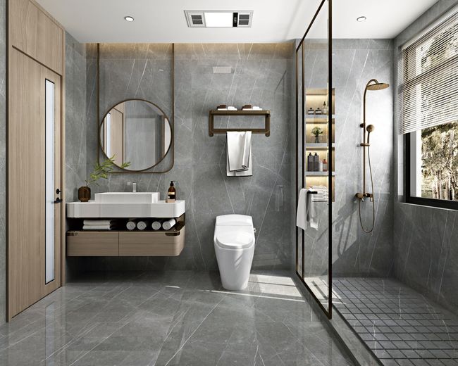 Une salle de bain avec WC, lavabo, miroir et douche.