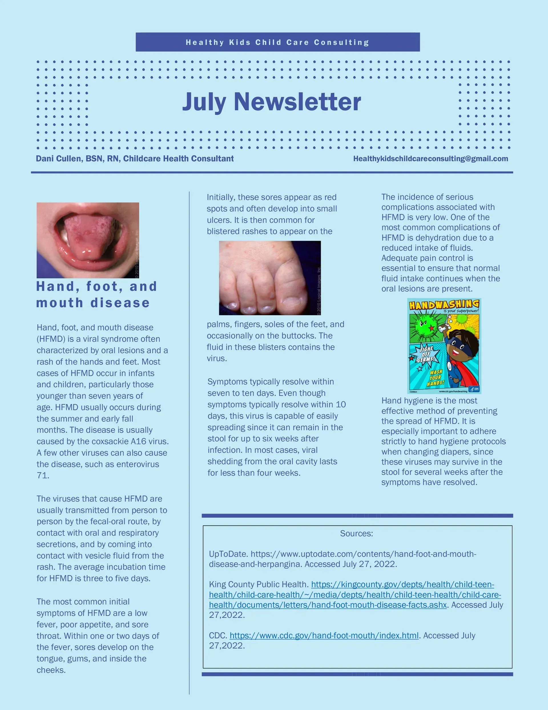 Newsletter about hand, foot, and mouth disease. Photos of mouth, foot, and a book cover.