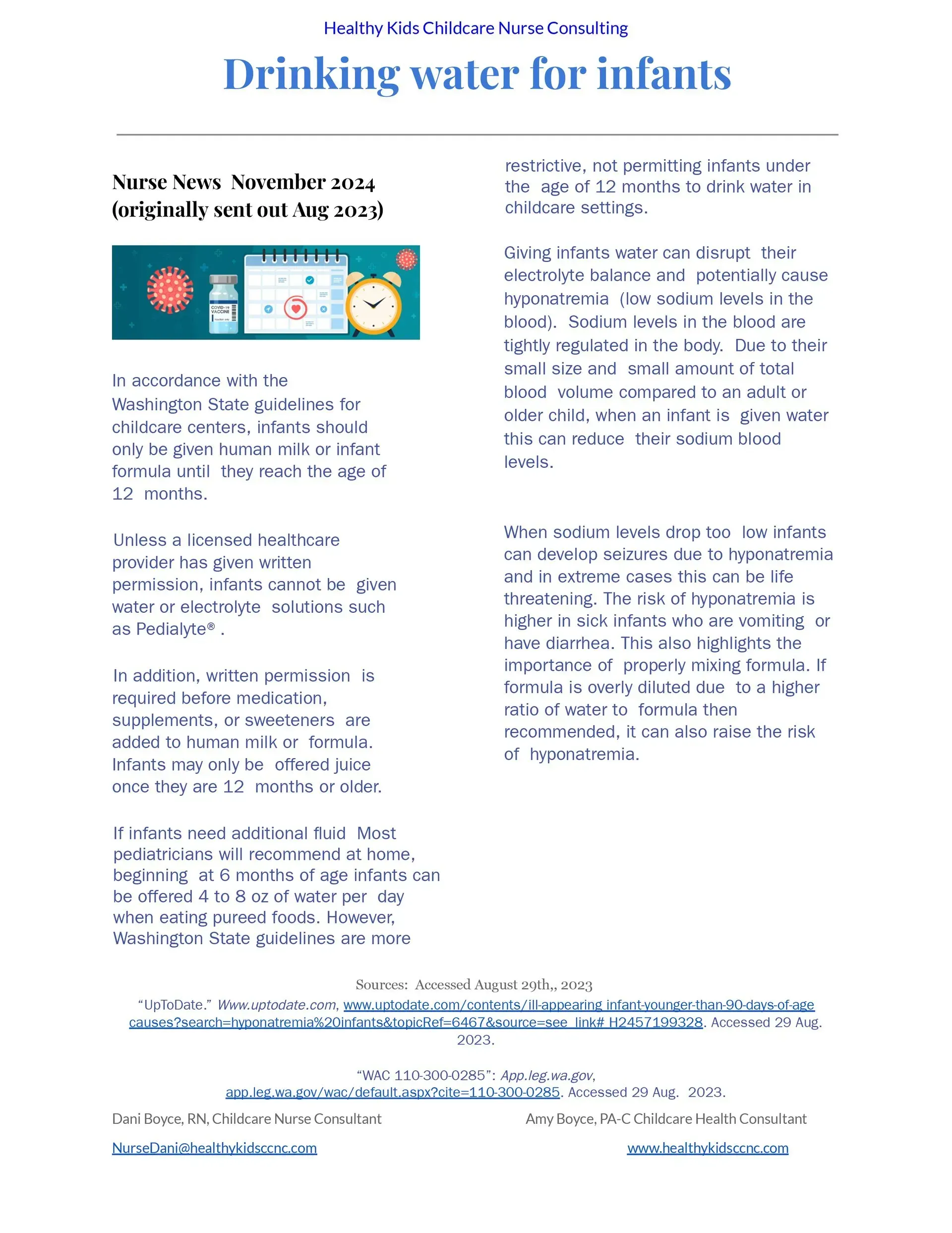 Informative flyer on drinking water for infants. Includes tips, infographics and safety information.