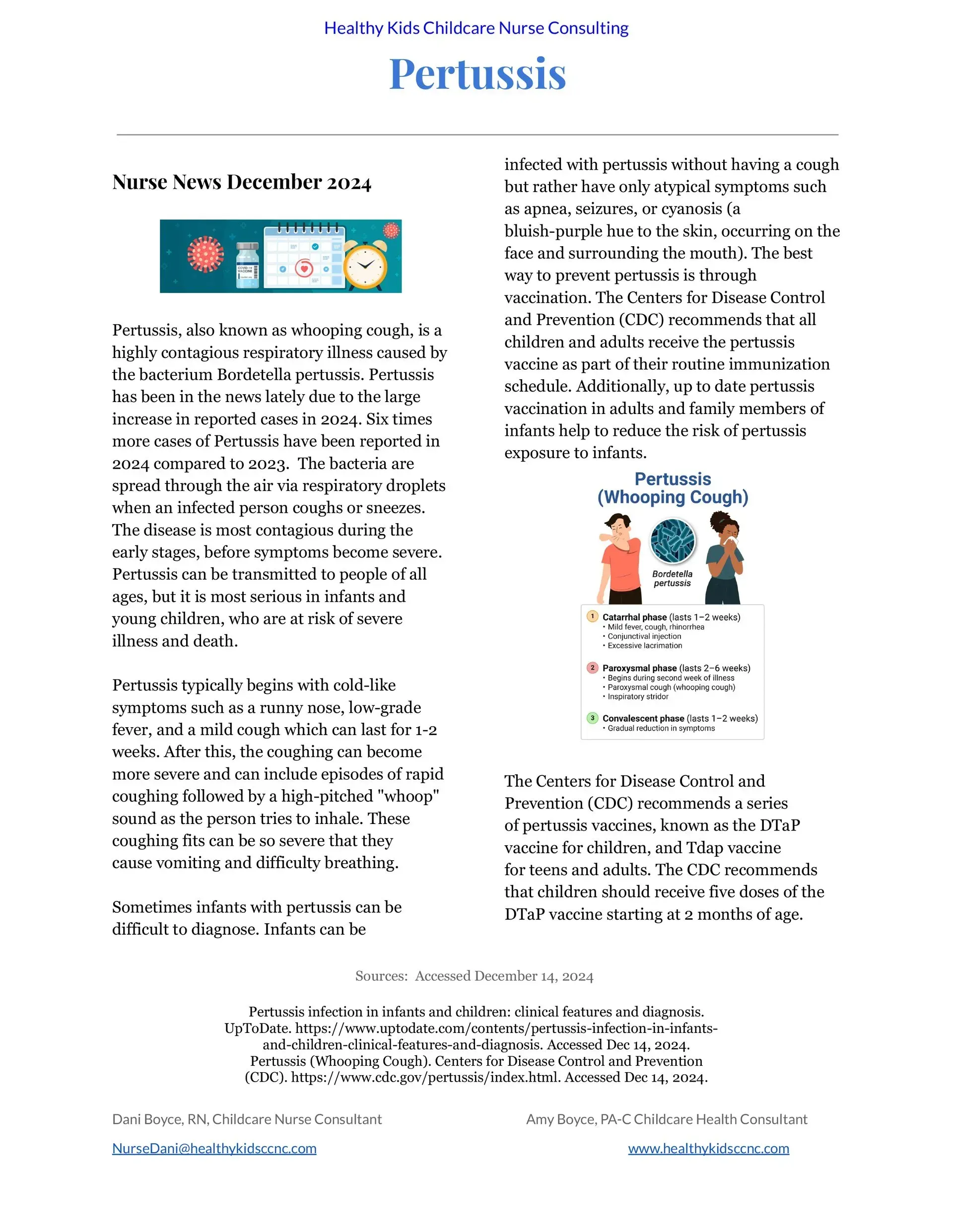 Brochure about pertussis with text and images illustrating symptoms and prevention methods.