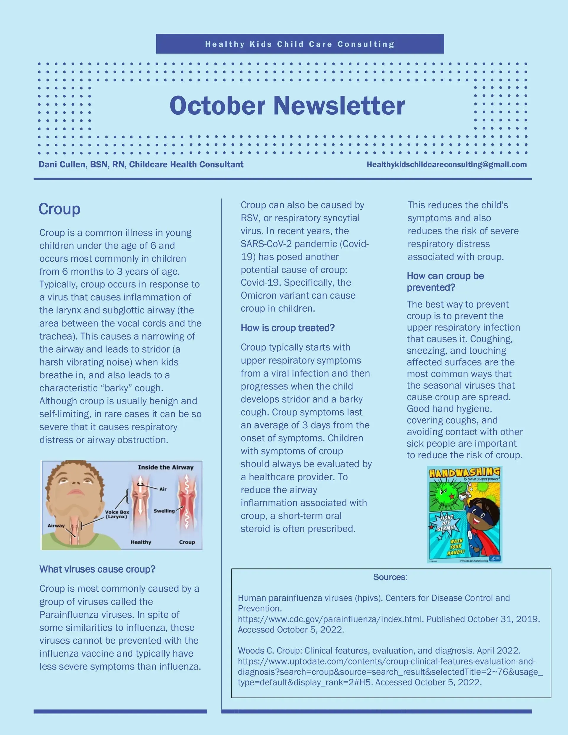 October Newsletter with text, diagrams of throat, and a drawing of children.