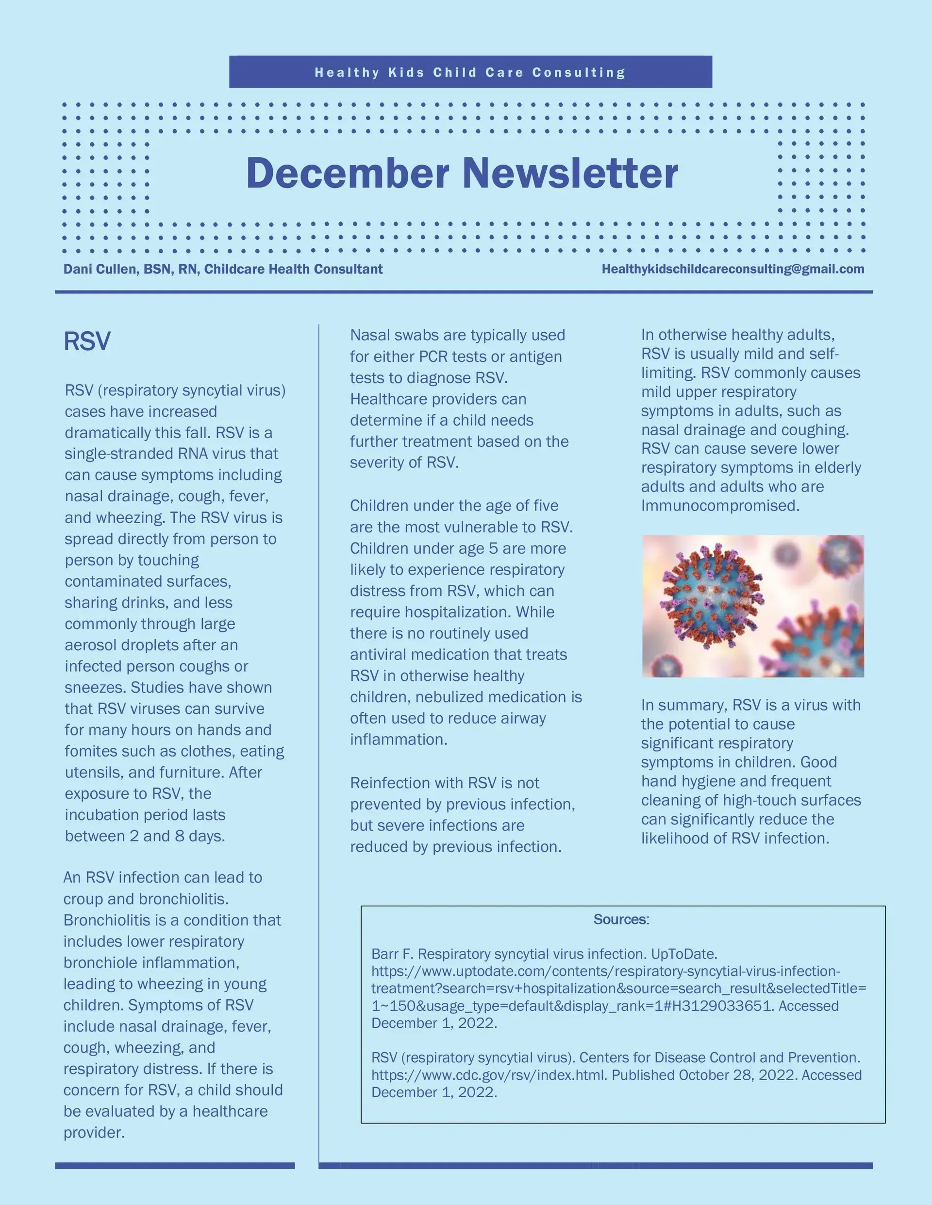 December newsletter with blue background and virus image.