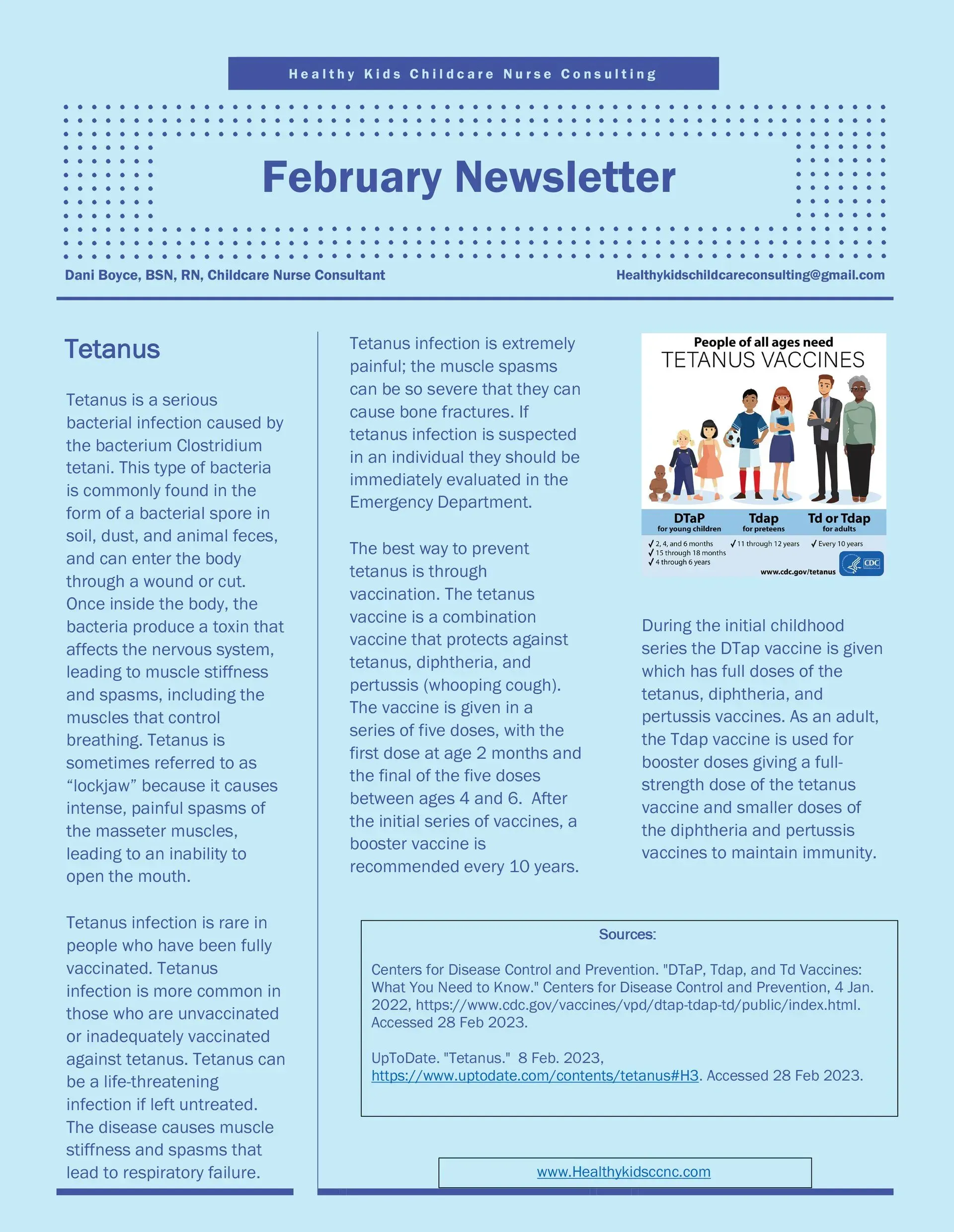February Newsletter with text and illustrations, blue background.