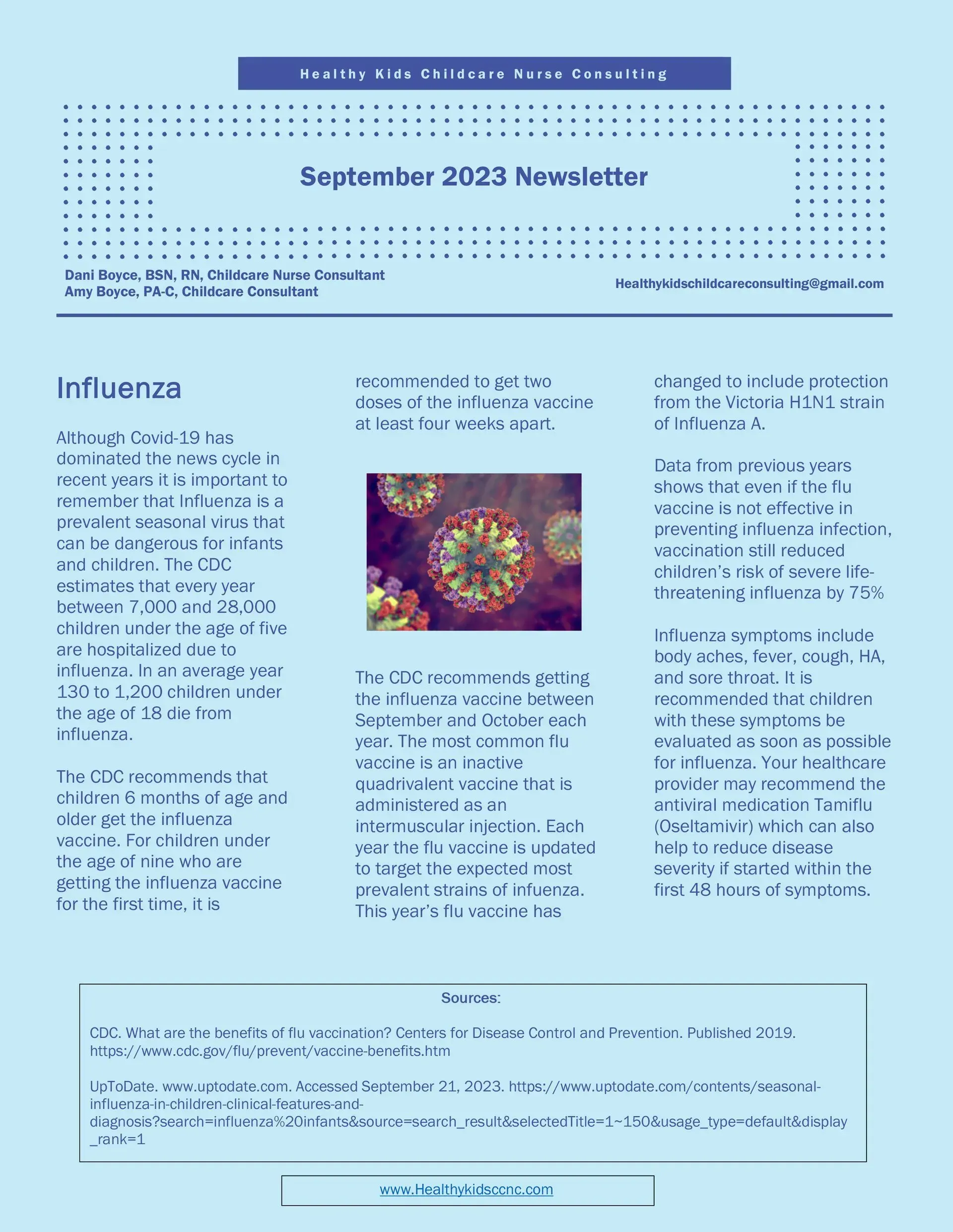 September 2023 Newsletter about influenza with a microscope image of the influenza virus.