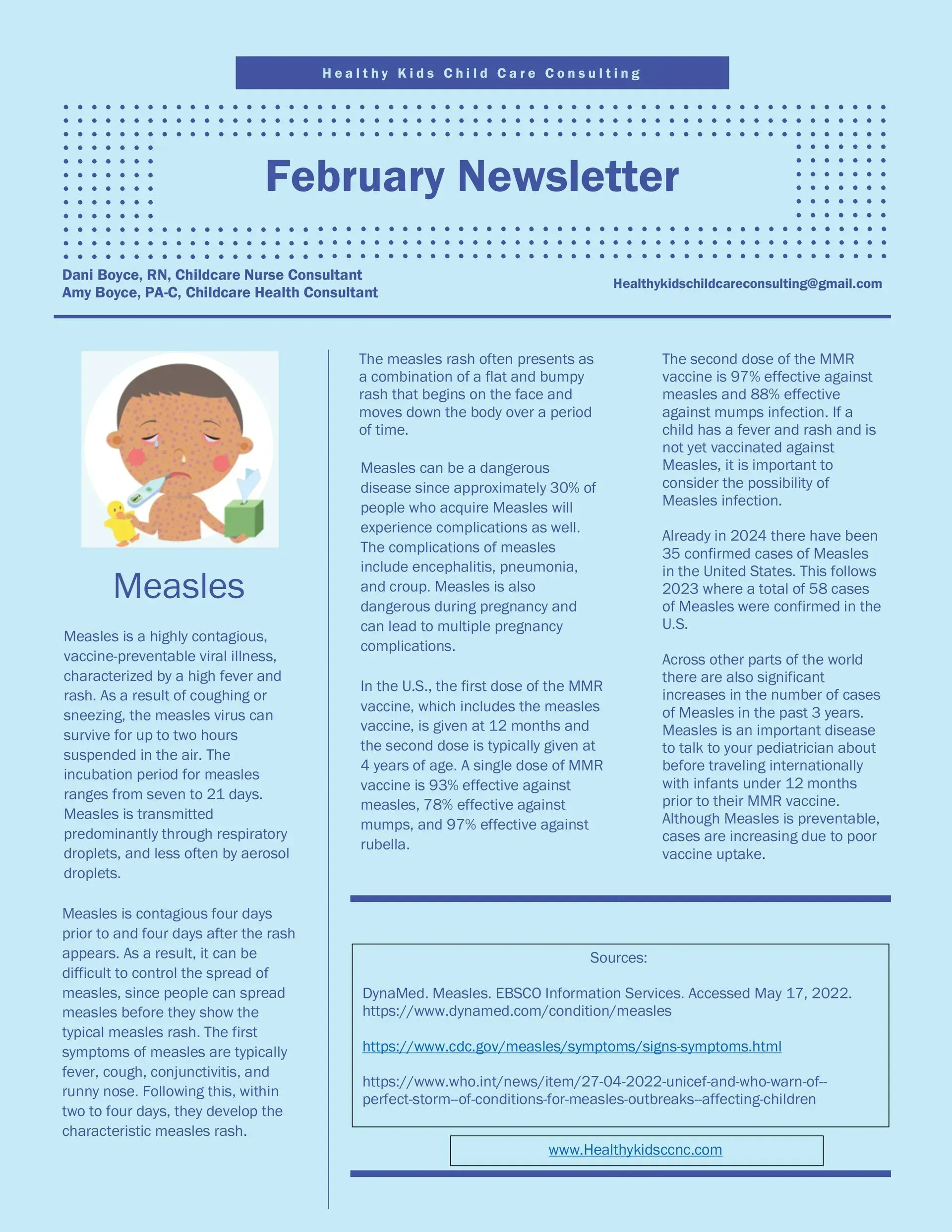 February Newsletter about Measles, featuring an illustration of a child with a fever and rash.