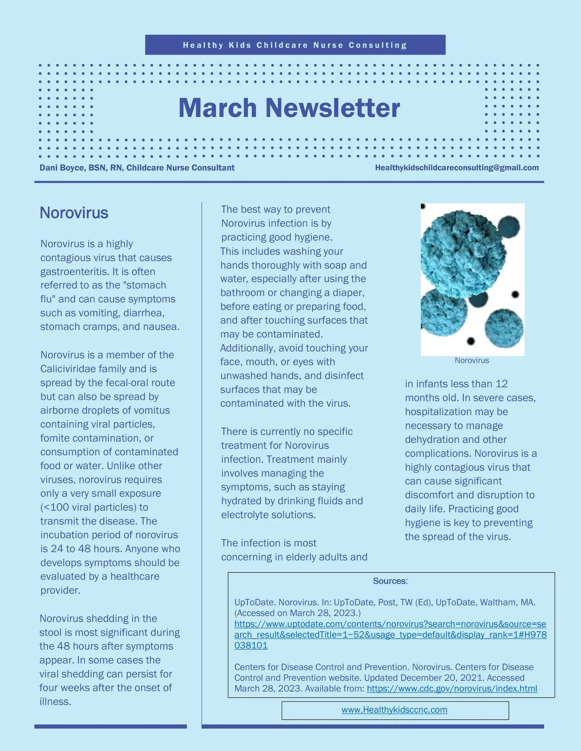 March newsletter with text, and image of blue spheres.