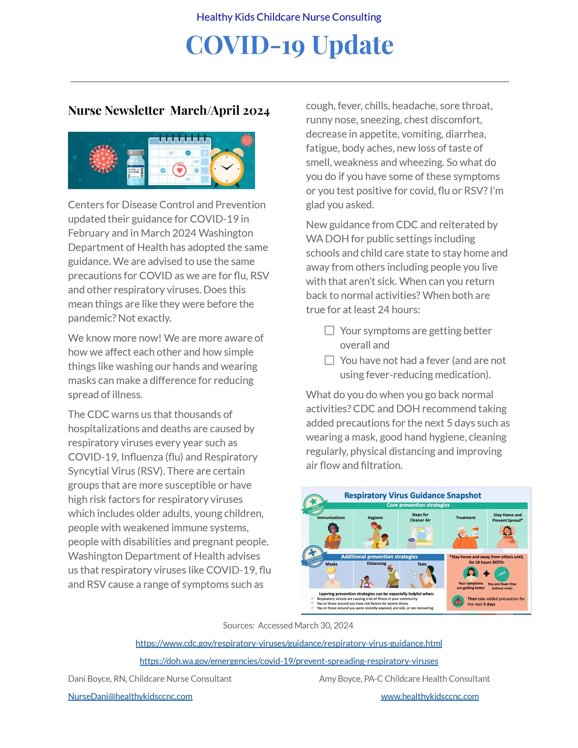 COVID-19 update newsletter: text with health tips and diagram on safety practices.