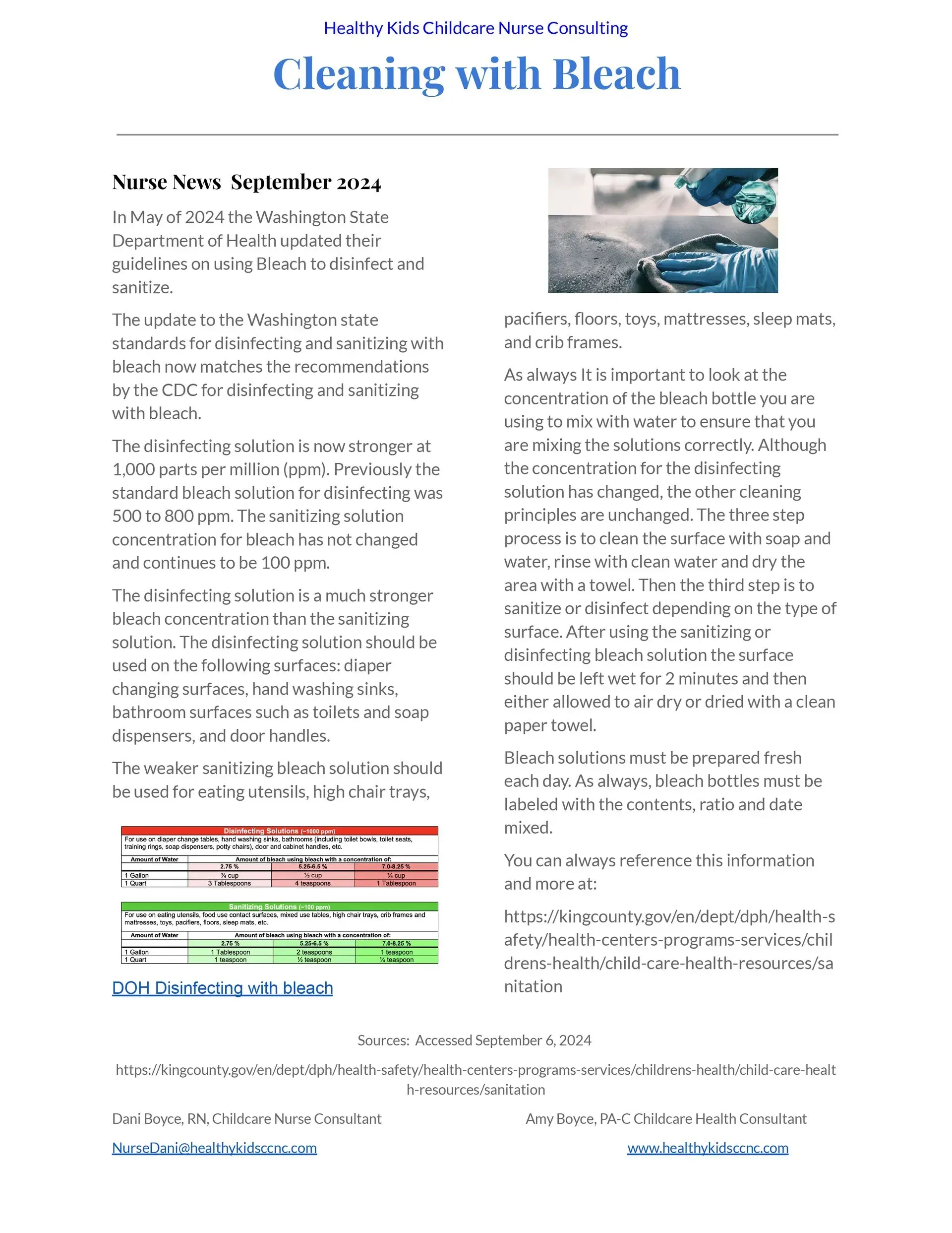 Infographic about cleaning with bleach; text, a table, and a photo of someone cleaning.