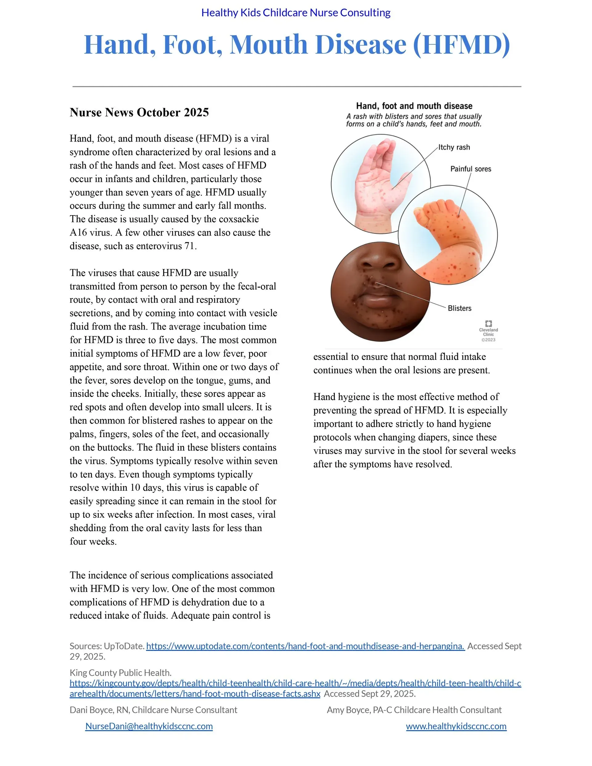 Informational document about Hand, Foot, Mouth Disease. Shows photos of rash on hand, foot, and face.