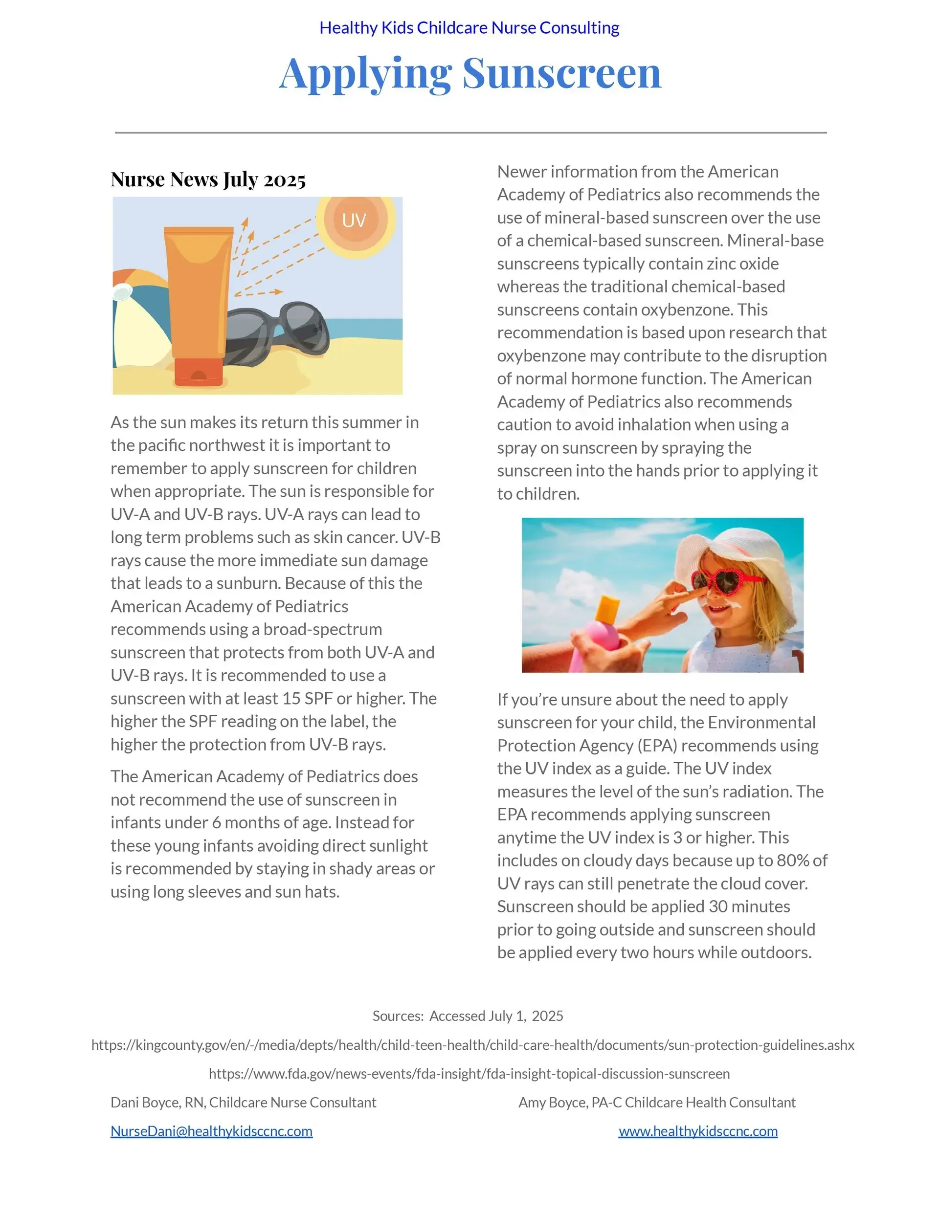 Page about applying sunscreen; sun, beach, and sunglasses, with pictures of people applying sunscreen.