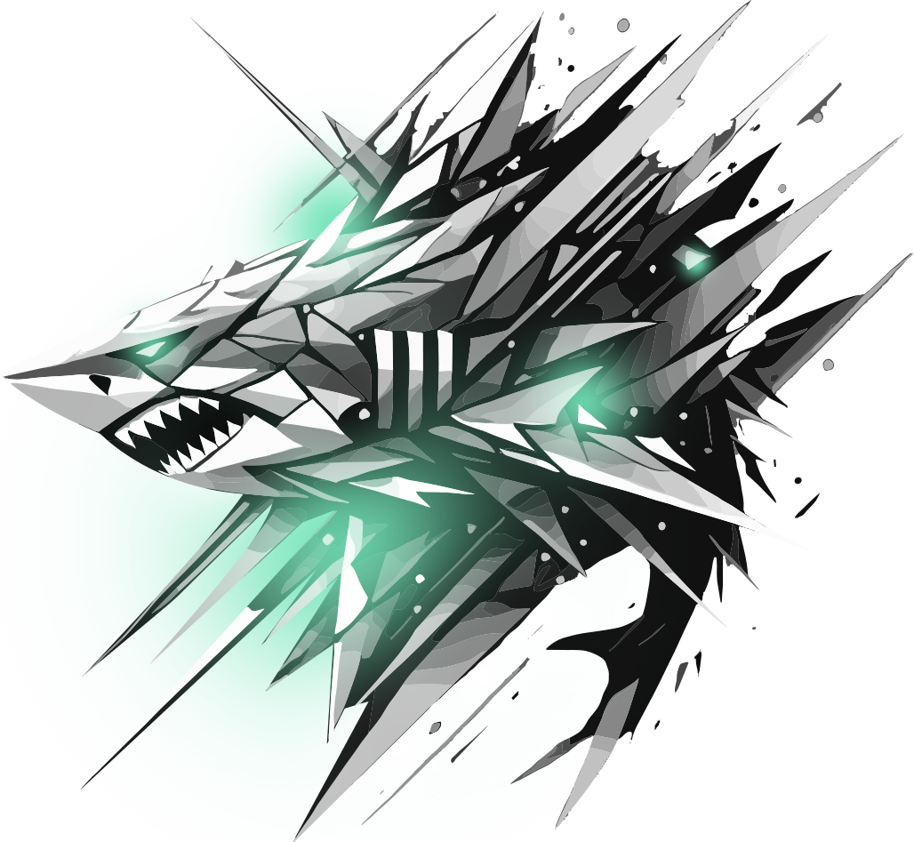 A black and white drawing of a shark with green eyes