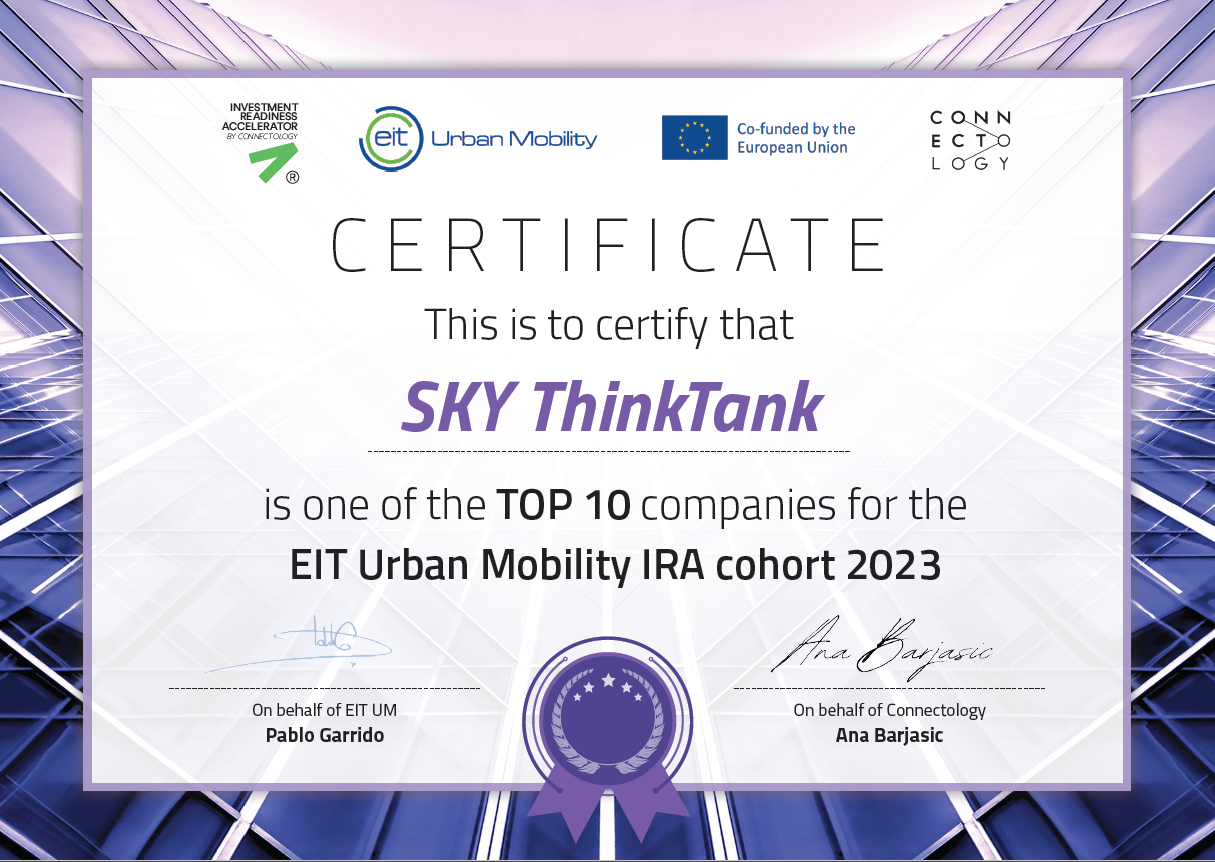 SKY ThinkTank Top10 certificate awarded by EIT UM IRA