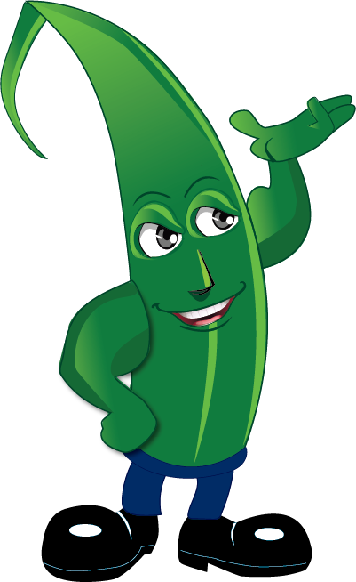 A cartoon character of a green leaf with a face