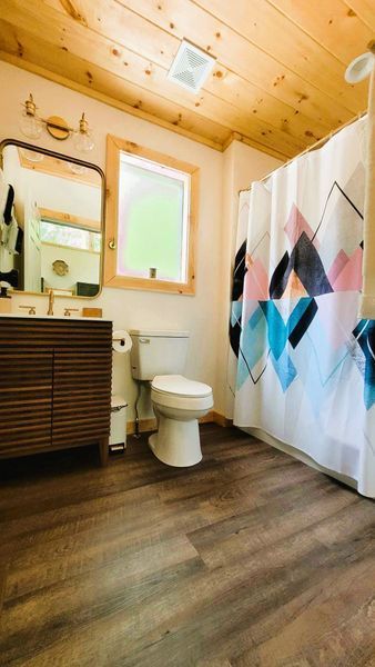 Bathroom with wood ceiling and floor, toilet, sink, window, and shower with mountain-themed curtain.
