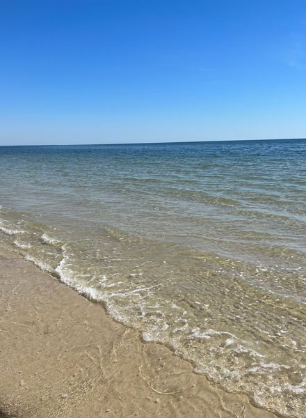 Beach scene with clear water, a sandy shore, and a bright blue sky.