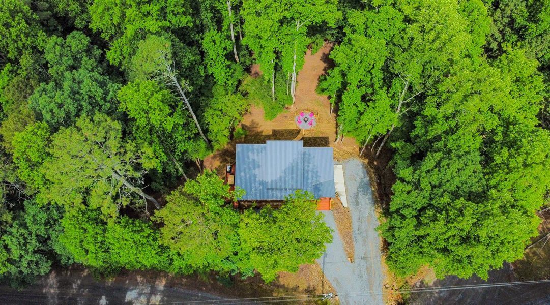 Aerial view of a cabin nestled among lush green trees, with a driveway and fire pit visible.