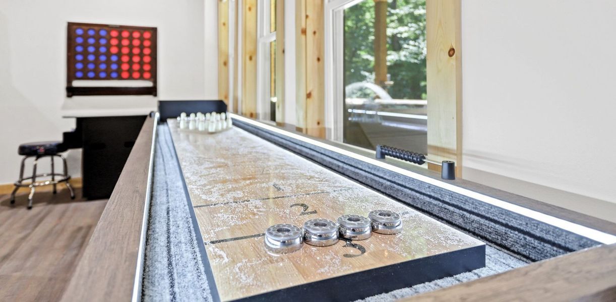 Shuffleboard game table in a room with a view of a backyard.
