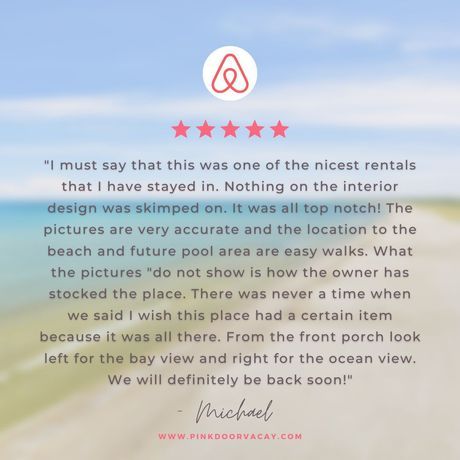 Airbnb review: A five-star review from Michael praising the rental's design, location, and amenities with a beach background.