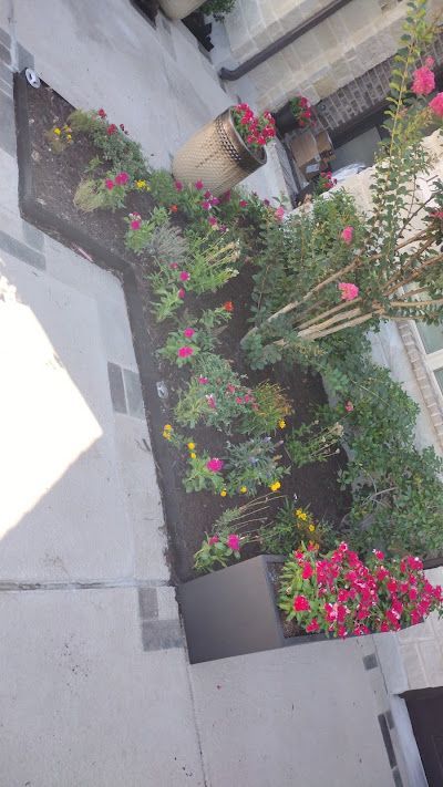 Flower bed with red and yellow flowers against a building wall, a decorative pot is in the middle.