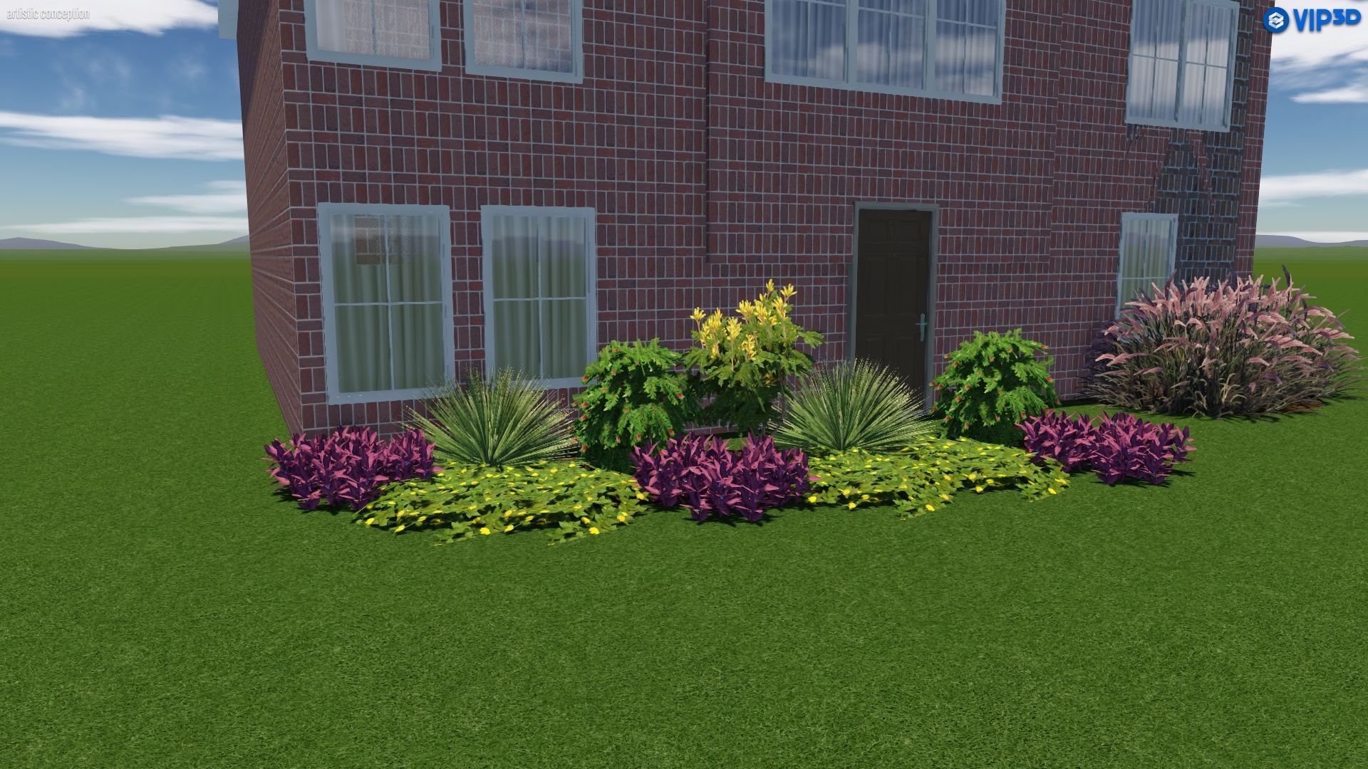 A brick building with windows and a black door. A bed of colorful bushes and flowers lines the front.