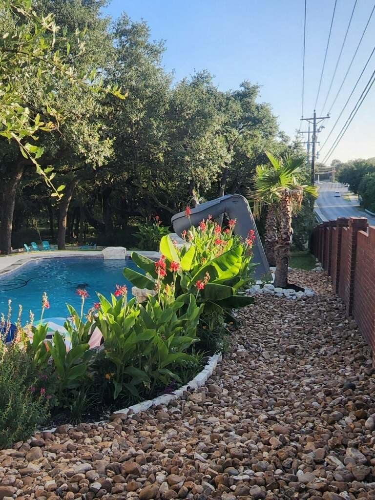 Poolside view with flowers, gravel path, and road with cars.