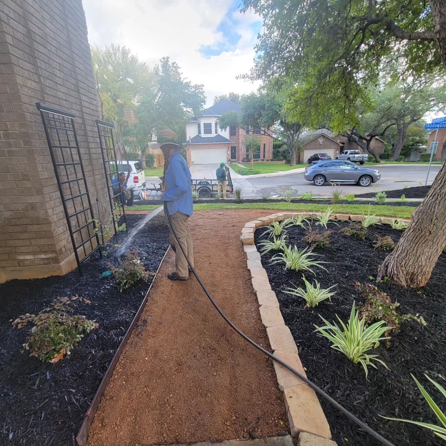 A person watering plants in a landscaped yard. Brown path, dark mulch, and a brick building are visible.