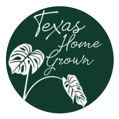 Green circle logo with white text "Texas Home Grown" and illustrations of tropical leaves.