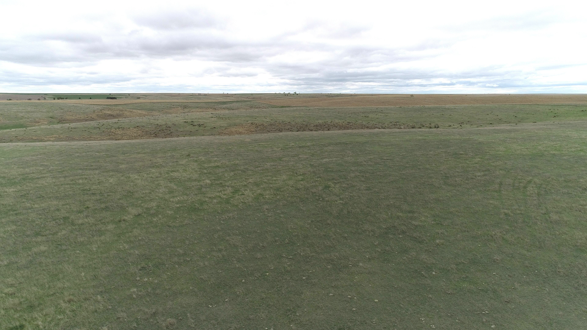 An aerial view of a grassy field with a cloudy sky in the background.