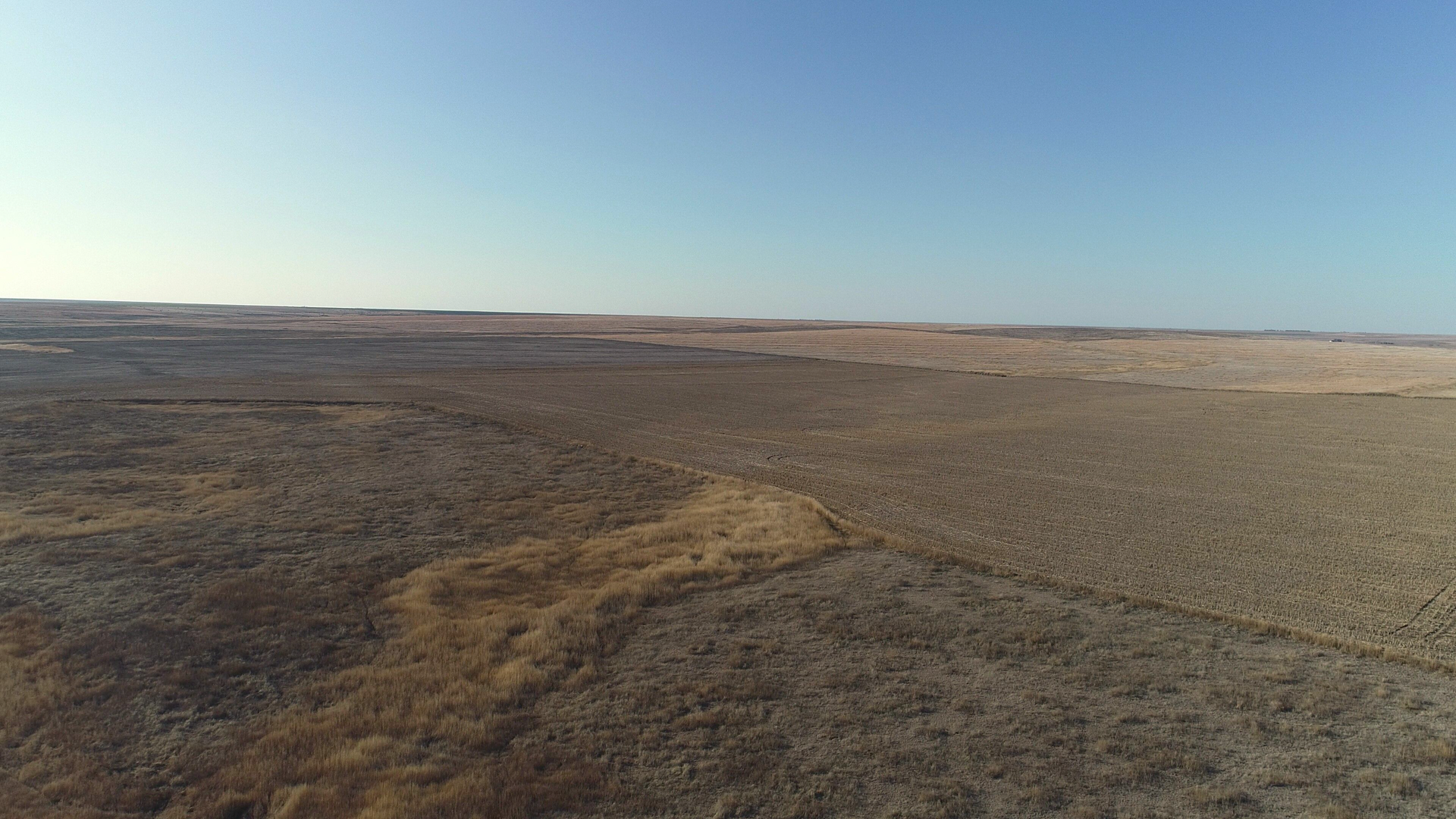 An aerial view of a dry grassy field with a blue sky in the background.