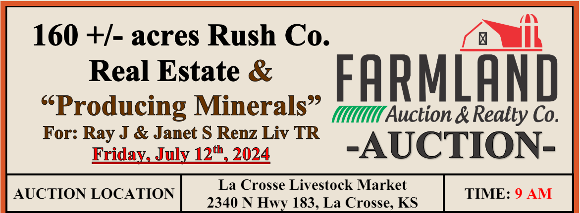 A sign for farmland real estate and producing minerals auction