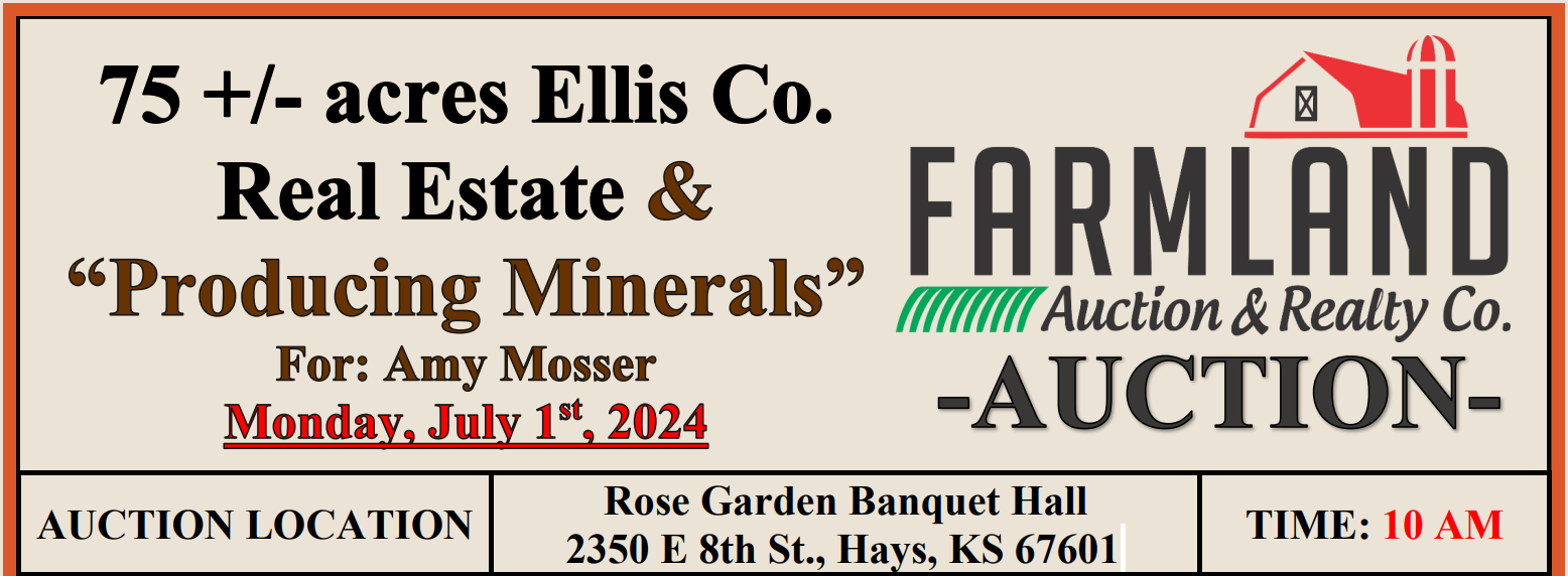 An advertisement for farmland real estate and producing minerals